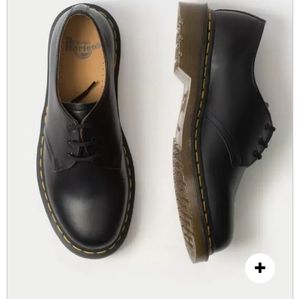 Dr. Martens Black Leather 3-Eye Derby Flats with Yellow Stitching